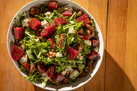 Marinated Beets with arugula, candied pecans and blue cheese